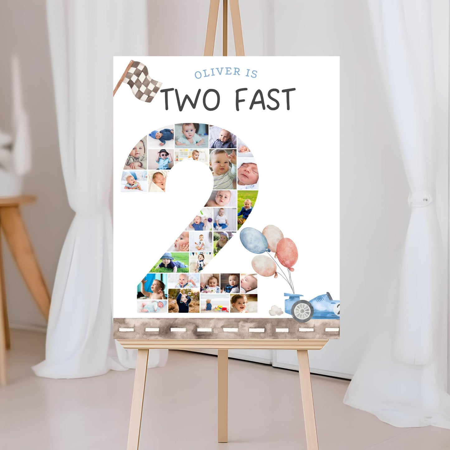 Two Fast Birthday Sign Photo Collage Editable Race Car Party Two Fast Two Curious 2nd Birthday Photo Banner Milestone photo sign