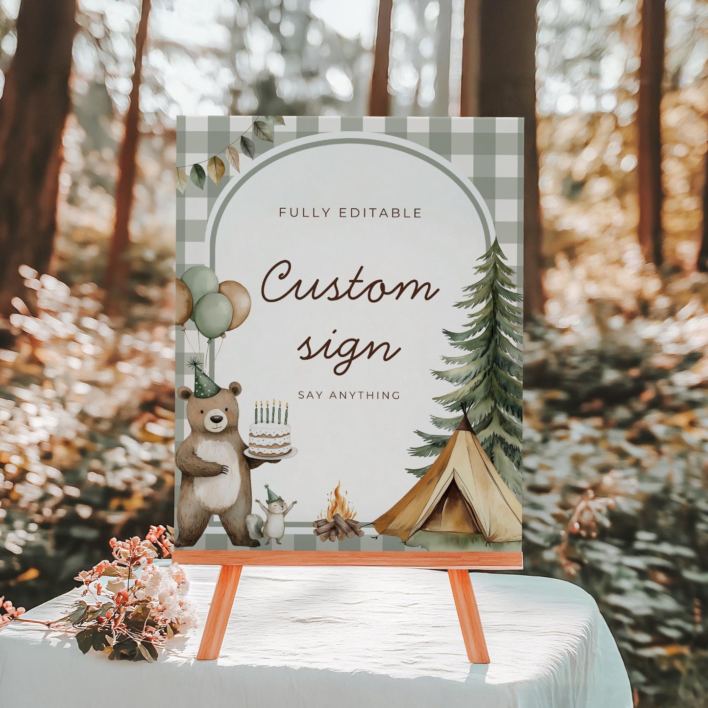 One Happy Camper Birthday Editable Custom Sign Camping Theme 1st Birthday Sign Woodland First Birthday Table Sign Lumberjack party decor