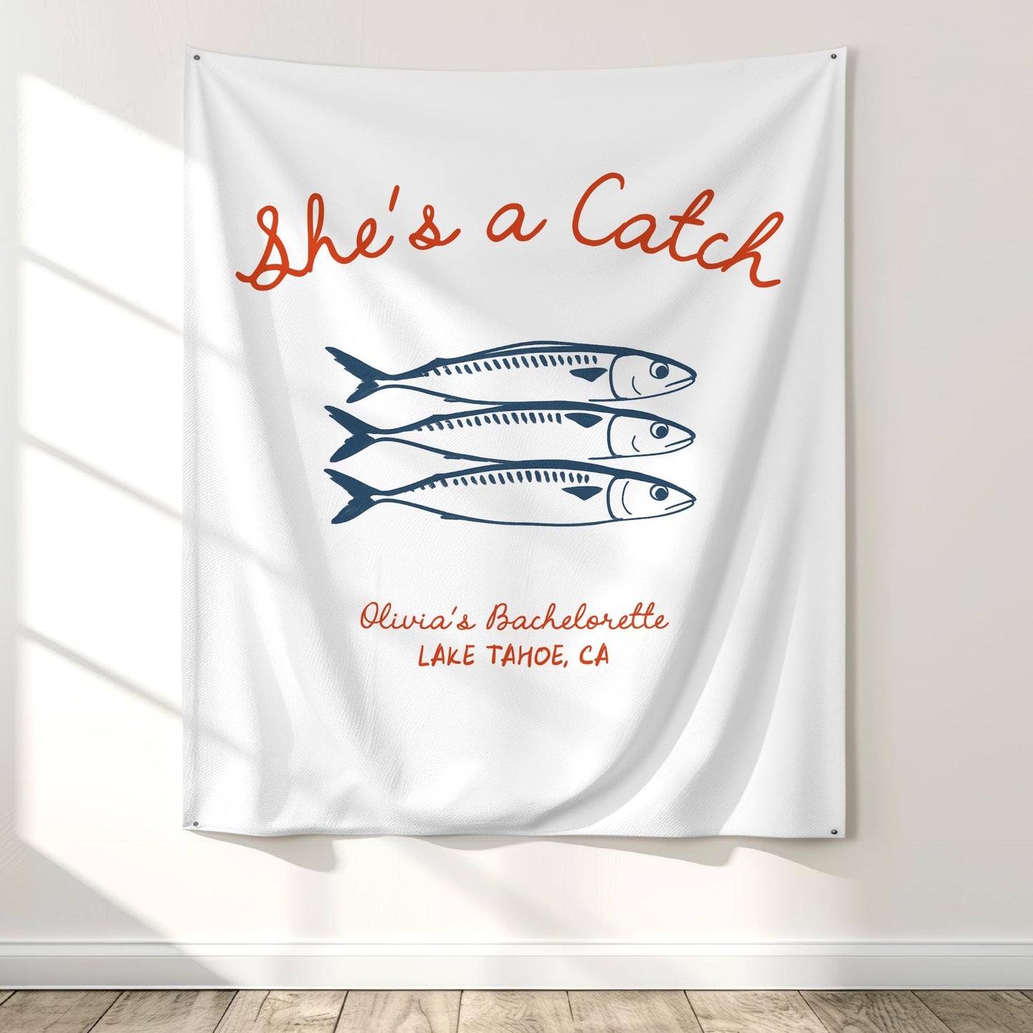 She's a Catch Bachelorette Banner Custom Fishing Theme Bachelorette Decor East Coast Bridal Shower Photo Backdrop Coastal Bachelorette Sign