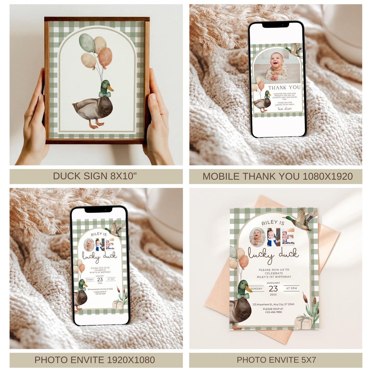 One Lucky Duck Birthday Invite Duck First Birthday Party Decor Mallard Duck 1st Birthday Bundle Duck Theme Party First Hunt Birthday Decor
