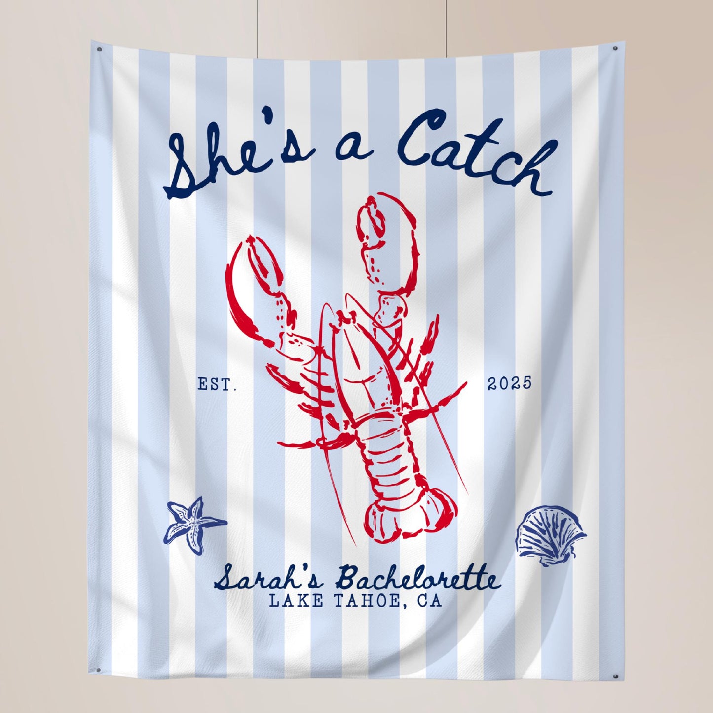 She's a Catch Bachelorette Banner Custom Lobster Theme Bachelorette Decor East Coast Bridal Shower Photo Backdrop Coastal Bachelorette Sign