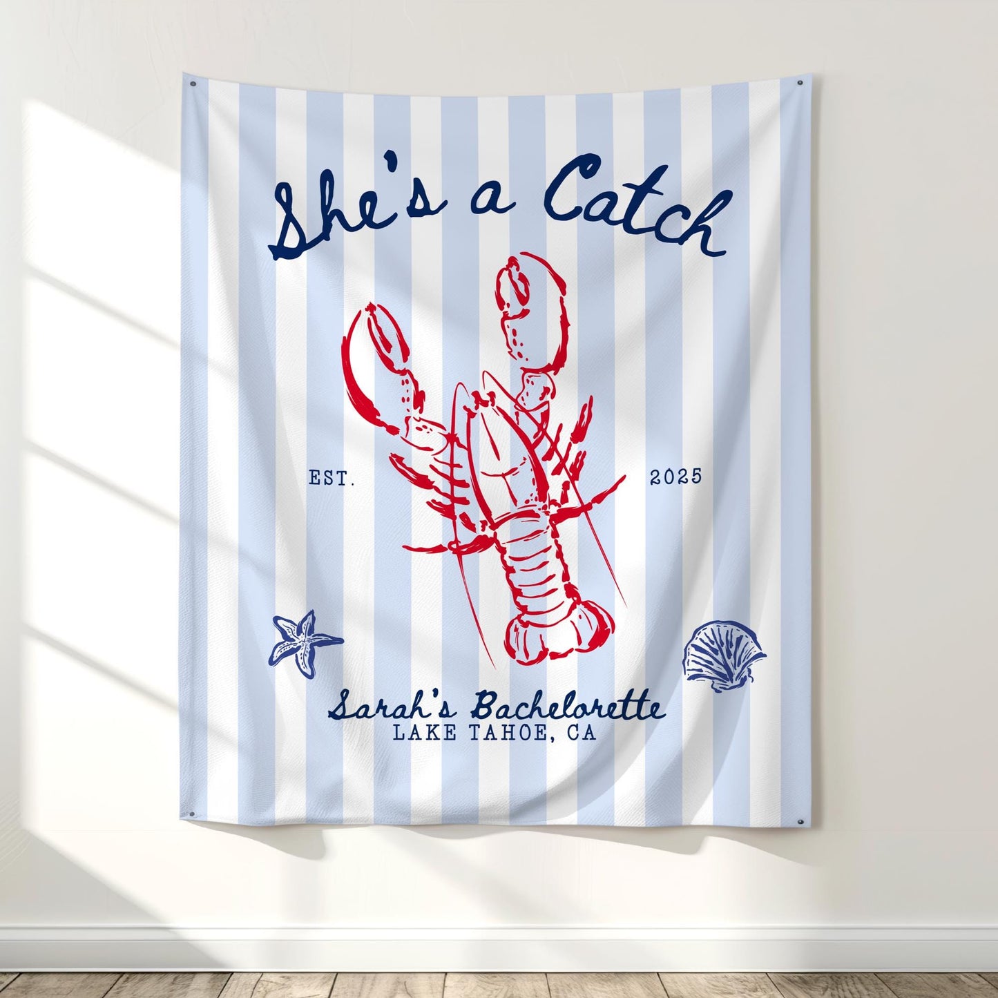 She's a Catch Bachelorette Banner Custom Lobster Theme Bachelorette Decor East Coast Bridal Shower Photo Backdrop Coastal Bachelorette Sign