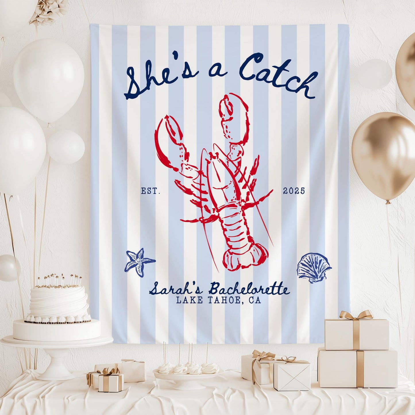 She's a Catch Bachelorette Banner Custom Lobster Theme Bachelorette Decor East Coast Bridal Shower Photo Backdrop Coastal Bachelorette Sign