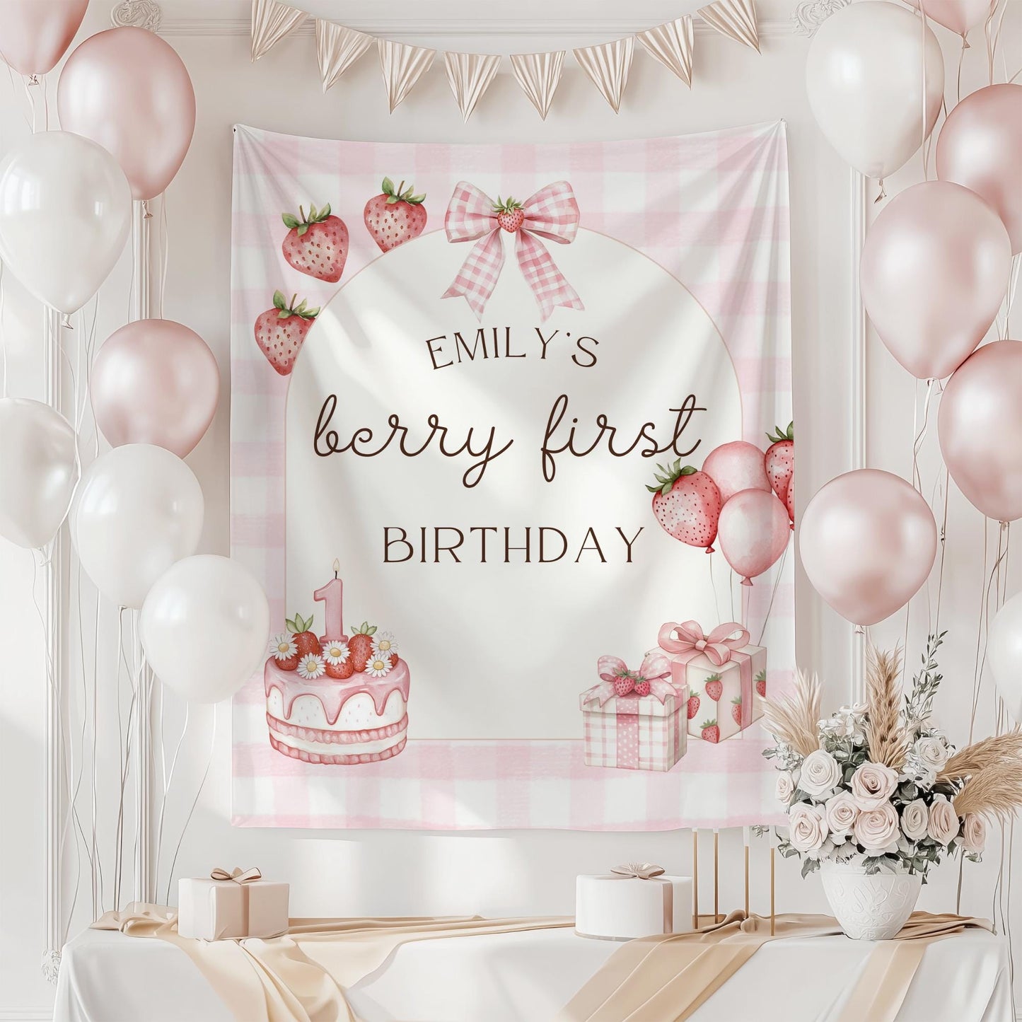 Berry First Birthday Tapestry Decor Personalized Girl 1st Birthday Banner Strawberry Birthday Welcome Sign Berry Sweet to be One Party Decor