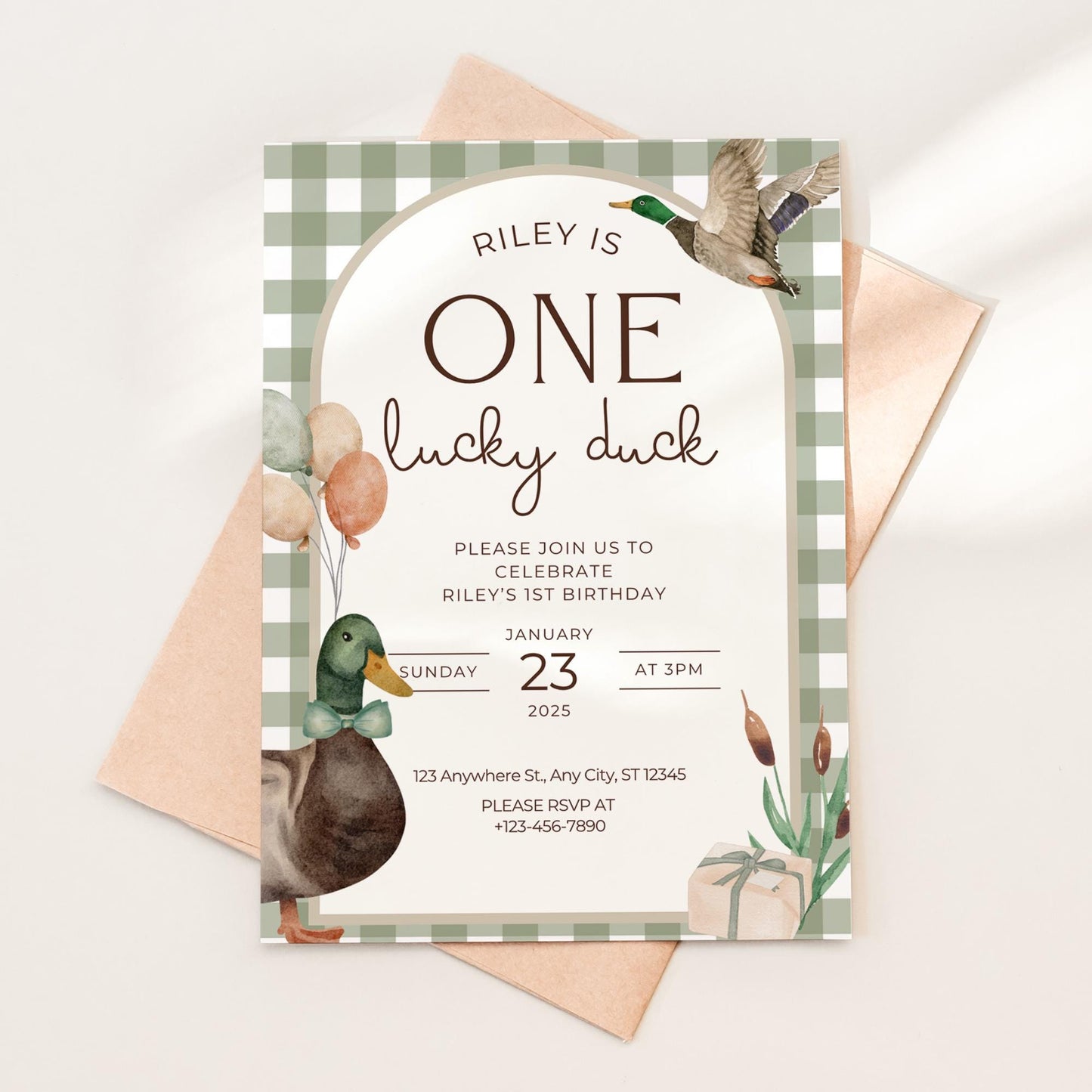 One Lucky Duck Birthday Invitation Boys First Birthday Invite Mallard Duck Watercolor Duck Gingham 1st Birthday Party Invite