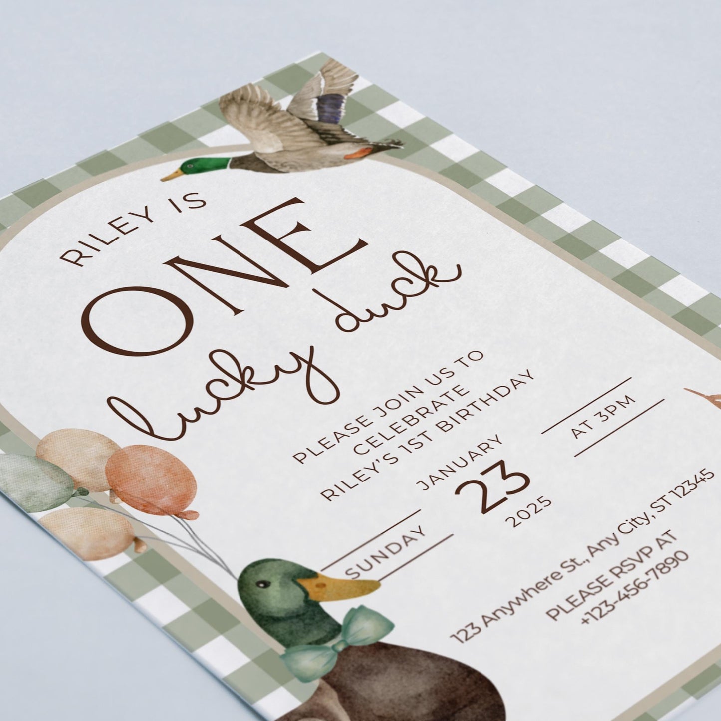 One Lucky Duck Birthday Invitation Boys First Birthday Invite Mallard Duck Watercolor Duck Gingham 1st Birthday Party Invite