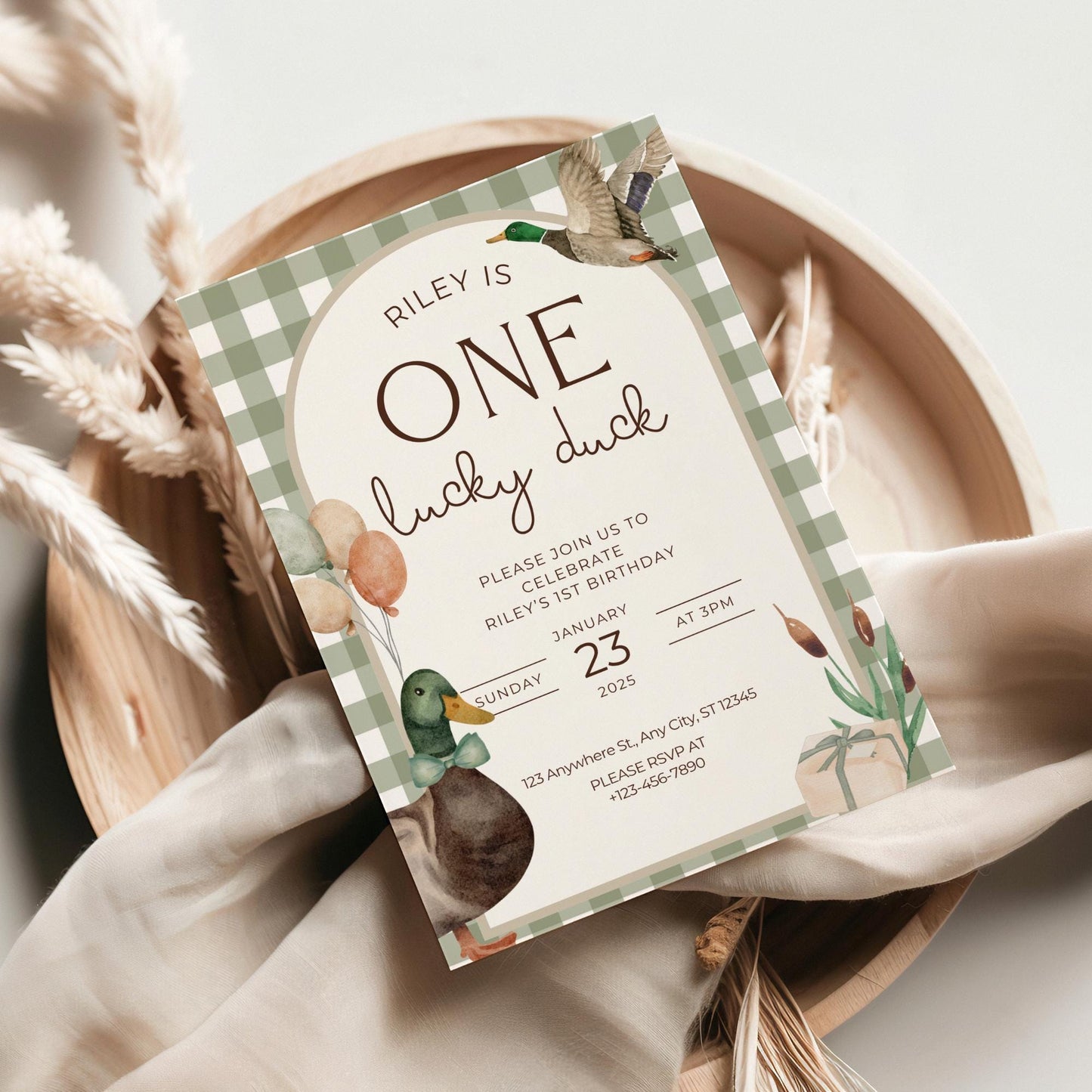 One Lucky Duck Birthday Invitation Boys First Birthday Invite Mallard Duck Watercolor Duck Gingham 1st Birthday Party Invite