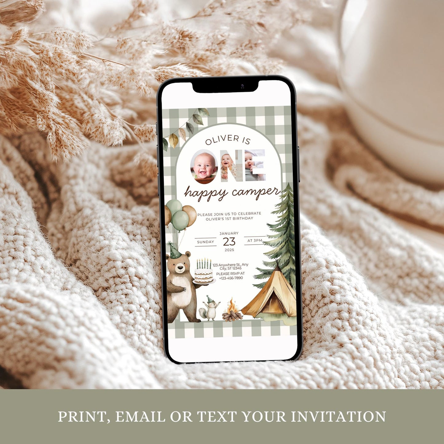 One Happy Camper Birthday Invitation Camping 1st Birthday Invite Boy Happy Camper 1st Birthday Woodland Party Evite Boy Happy Camper Decor
