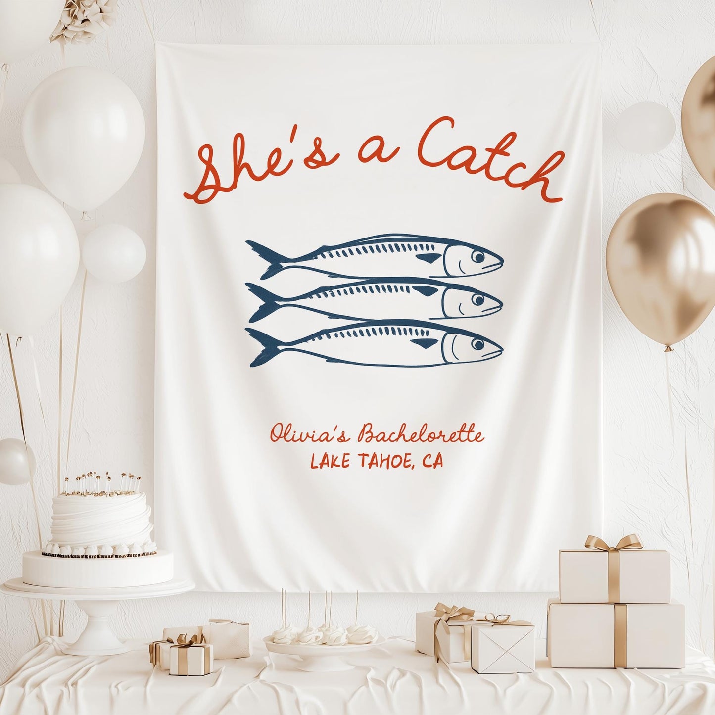 She's a Catch Bachelorette Banner Custom Fishing Theme Bachelorette Decor East Coast Bridal Shower Photo Backdrop Coastal Bachelorette Sign