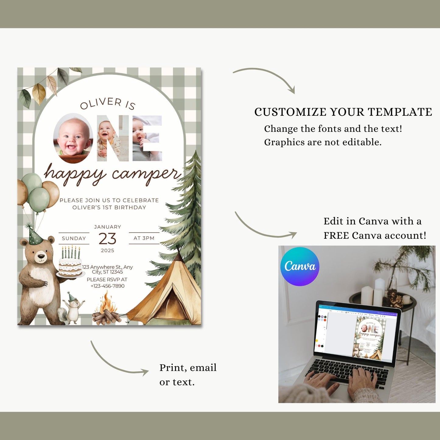 One Happy Camper Birthday Invitation Camping 1st Birthday Invite Boy Happy Camper 1st Birthday Woodland Party Evite Boy Happy Camper Decor