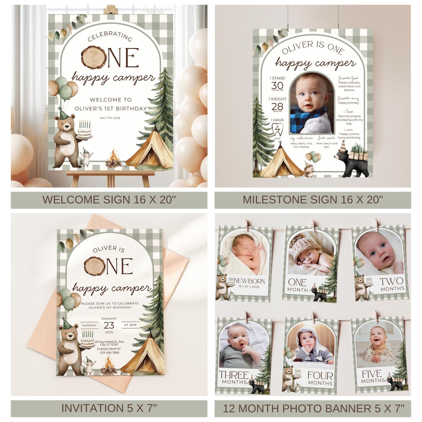 One Happy Camper Birthday Invite Camping First Birthday Party Decor Woodland 1st Birthday Bundle Lumberjack Theme Party Wild One Birthday