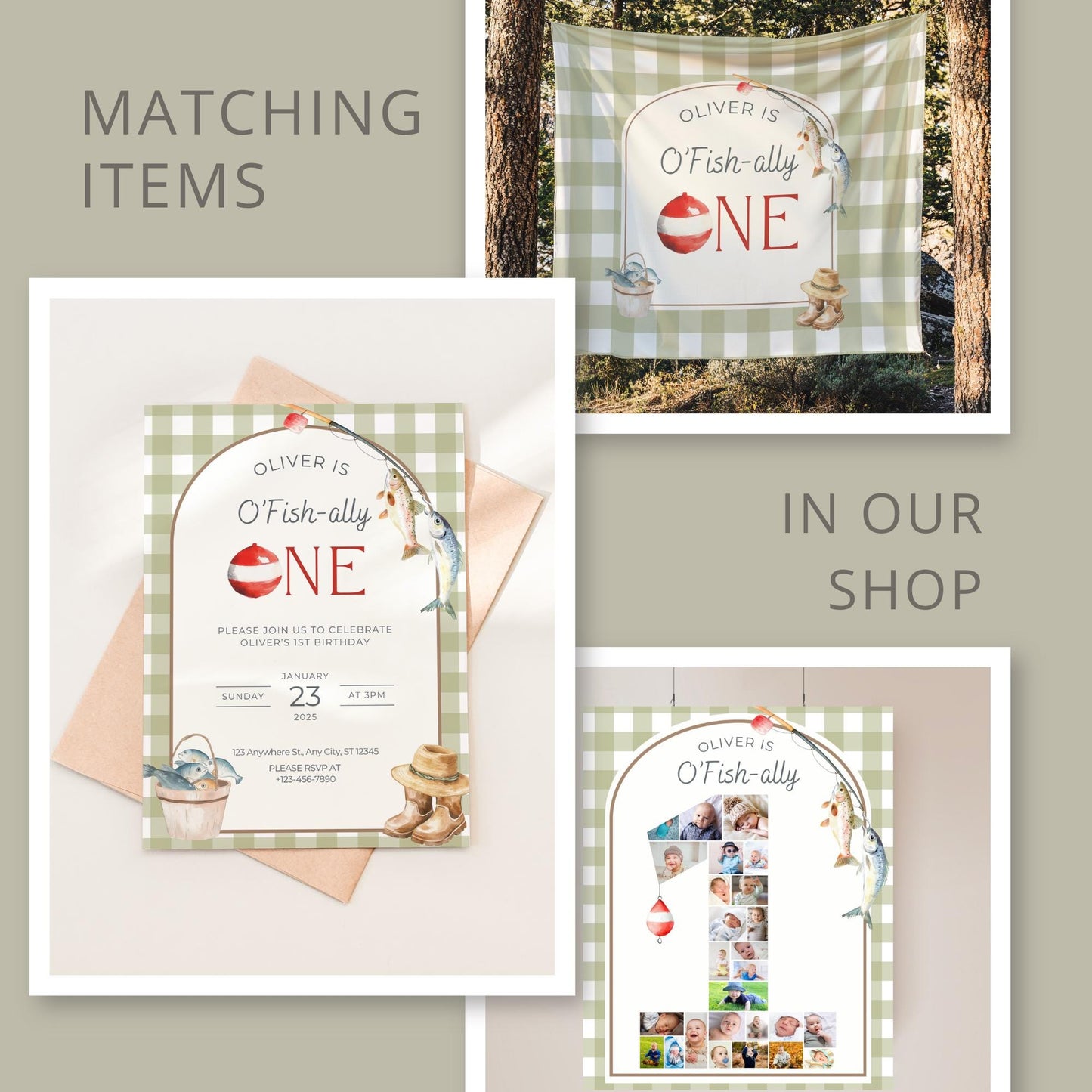 OFishally One Birthday Photo Milestone Banner Gingham Fishing 1st Birthday Bunting Banner Editable Template Monthly Milestone Photo Collage