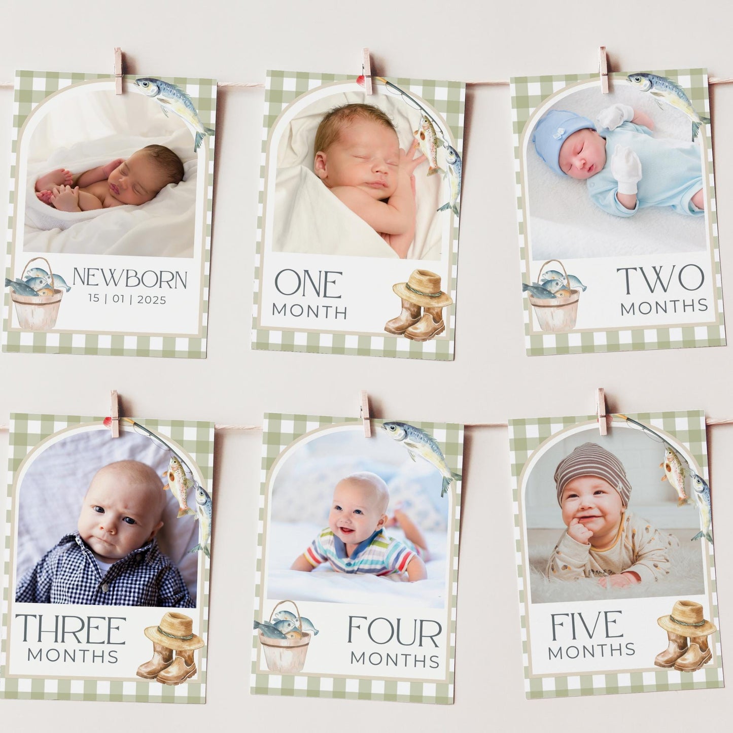 OFishally One Birthday Photo Milestone Banner Gingham Fishing 1st Birthday Bunting Banner Editable Template Monthly Milestone Photo Collage