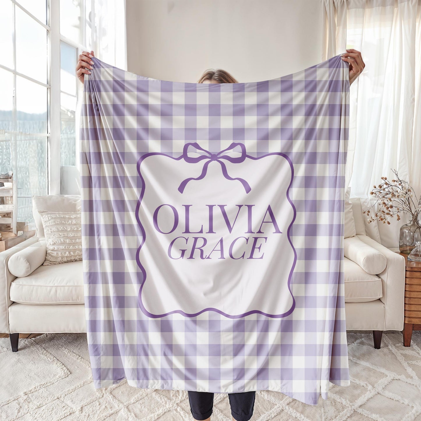 Gingham Fleece Blanket for Girl, Personalized Name and Coquette Bow, Unique Custom Gift