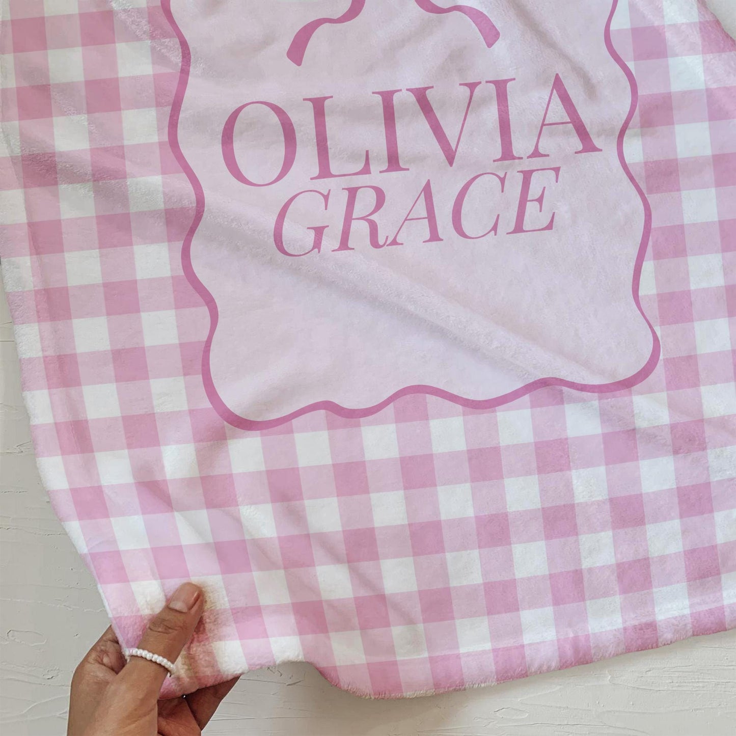 Personalized Fleece Blanket for Girl, Custom Name with Gingham and Coquette Bow Design