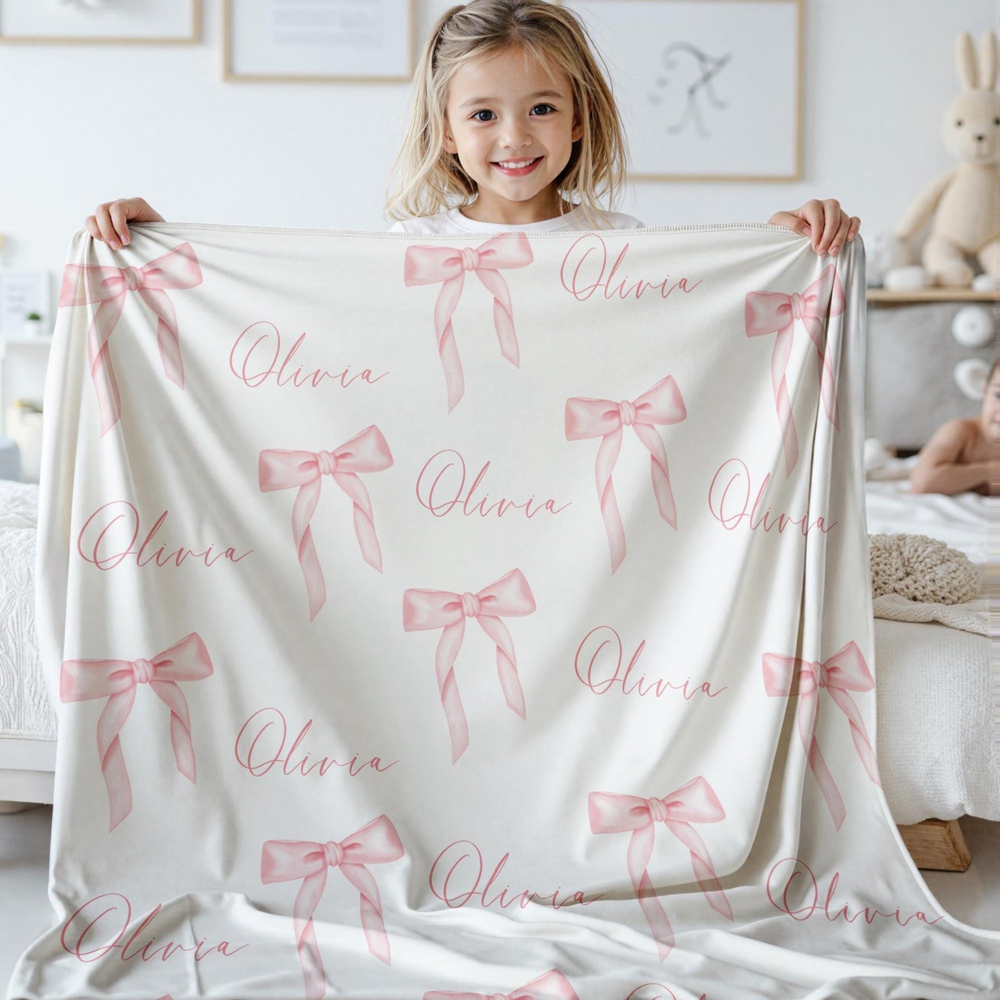 Pink Bow Personalized Blanket Baby Girl Coquette Blanket Gingham Baby Blanket Custom Baby Gift Girl Baby Shower Gift New Baby Girl Gift