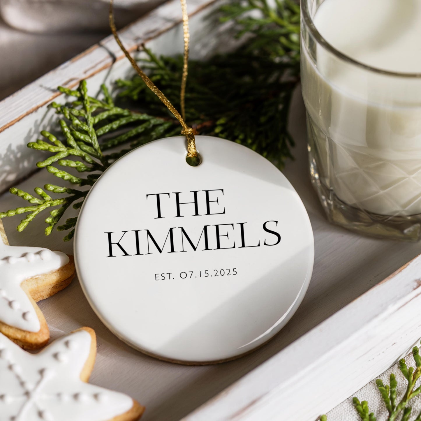 Custom Family Ornament Personalized Wedding Gift White Ceramic Design Round Holiday Decoration First Christmas Together Memory Keepsake Modern Minimalist Style Gold String Accent Special Moment Celebration Beautiful Marriage Display