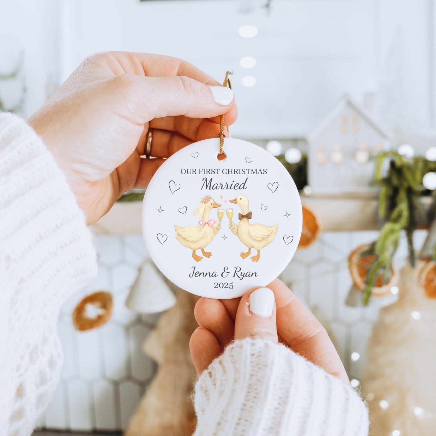 Personalized First Christmas Married Ornament Silly Goose Newlywed Ceramic Ornament, Cute Wedding Gift for Couples