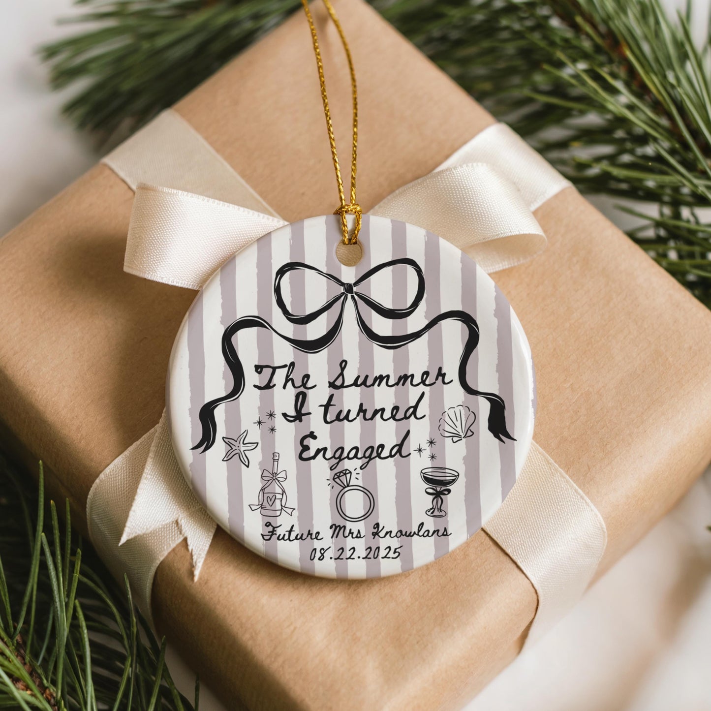 Custom Bestie Engagement Gift, Summer I Turned Engaged Personalized Ornament, Bride to Be Wedding Christmas Decor, Bridal Shower Keepsake