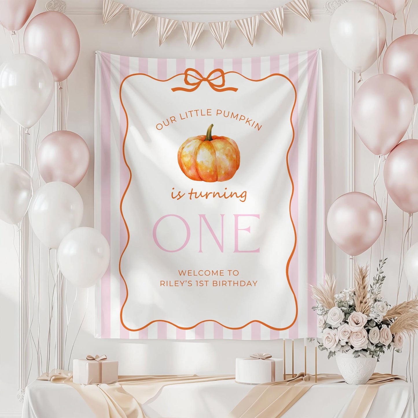 Our Little Pumpkin is Turning One Banner, 1st Birthday Autumn Decor, Personalized Birthday Party Backdrop