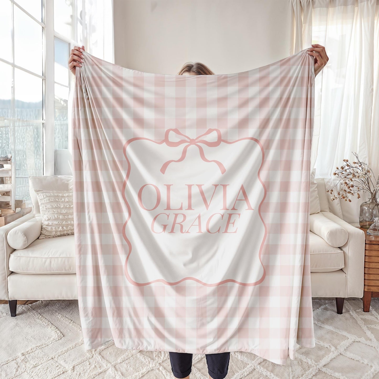 Custom Gingham Fleece Blanket for Girl, Personalized Name with Coquette Bow, Perfect Gift