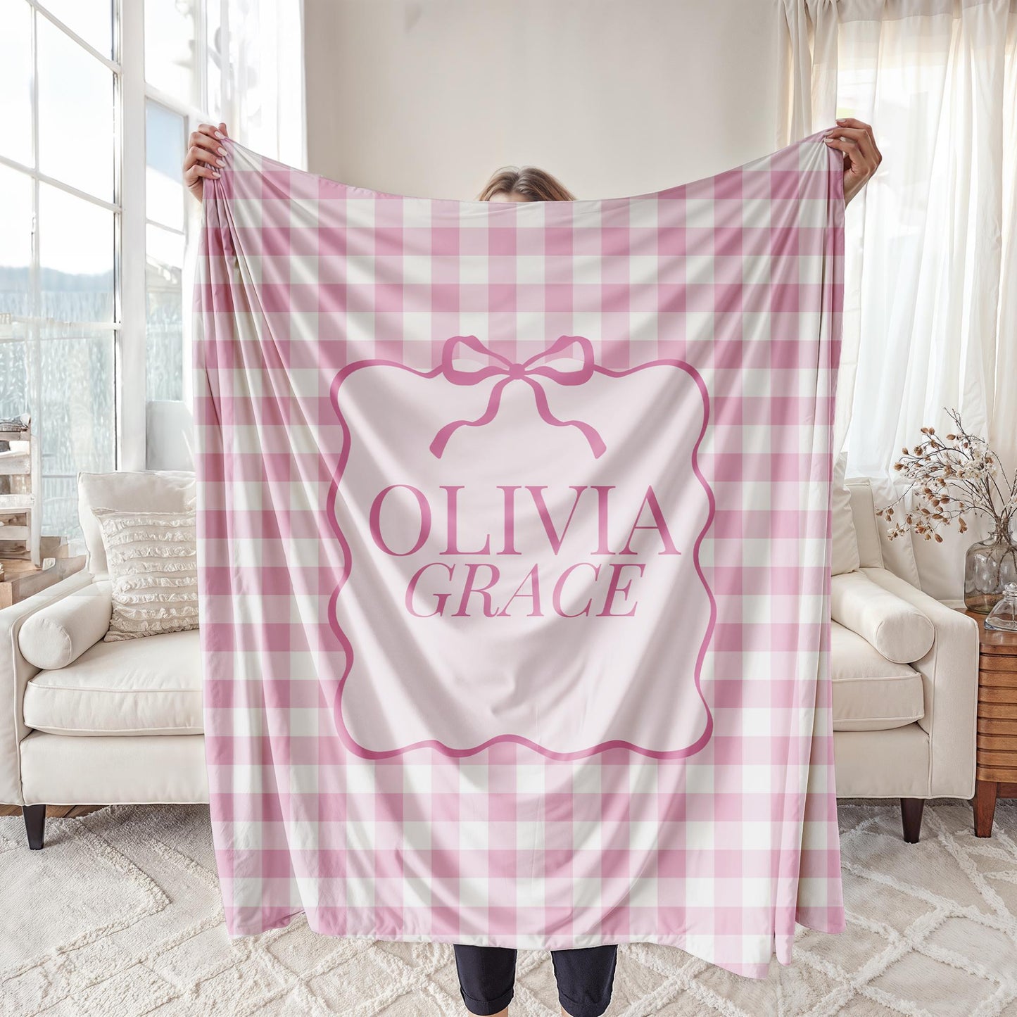 Custom Name Fleece Blanket for Girl, Personalized Gingham Design with Coquette Bow