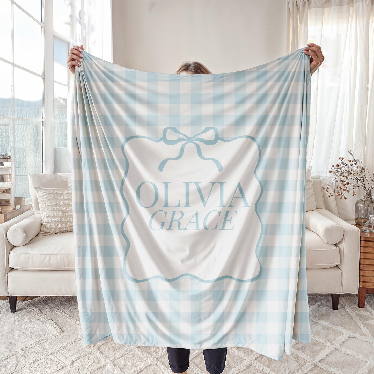 Gingham Personalized Fleece Blanket for Girl, Custom Name with Coquette Bow Gift
