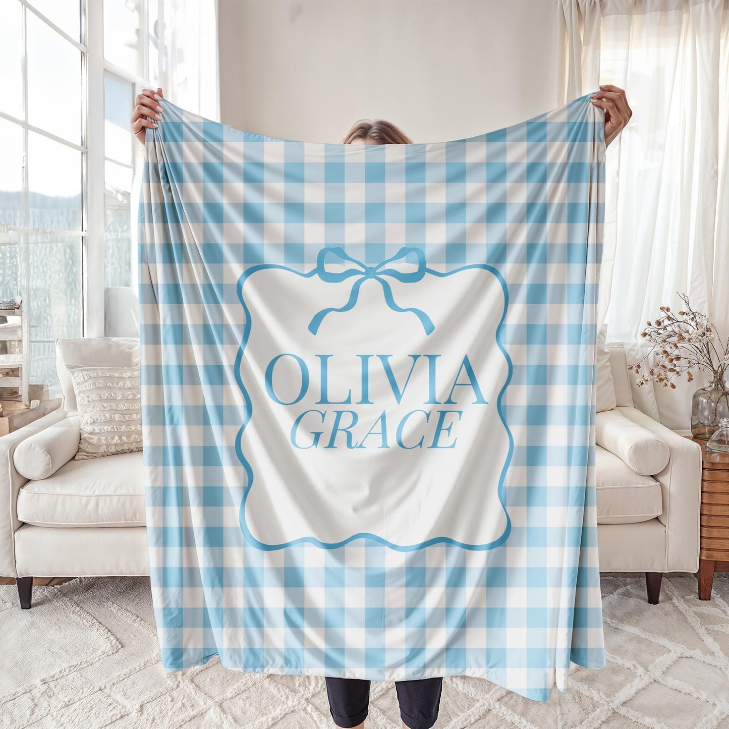 Fleece Blanket for Girl, Personalized Name with Gingham and Coquette Bow, Custom Gift Idea