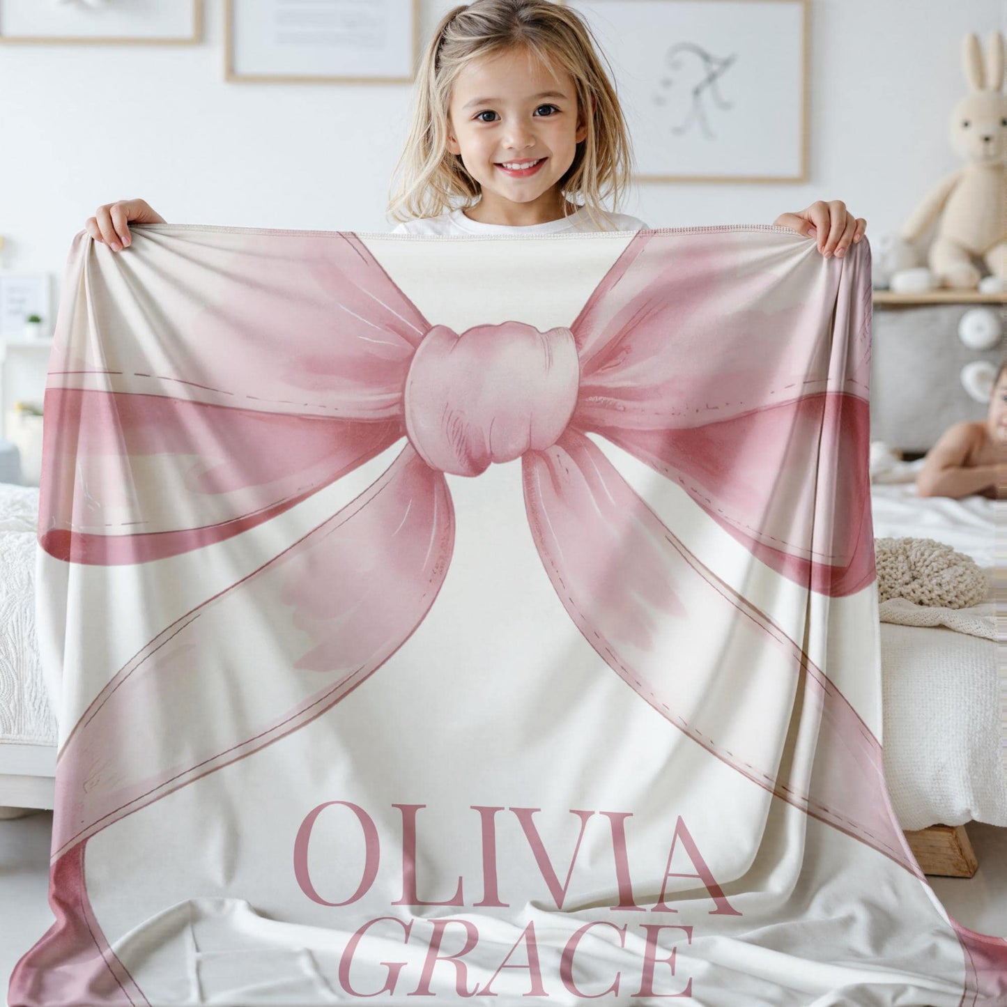 Pink Bow Personalized Blanket Baby Girl Coquette Blanket Gingham Baby Blanket Custom Baby Gift Girl Baby Shower Gift New Baby Girl Gift