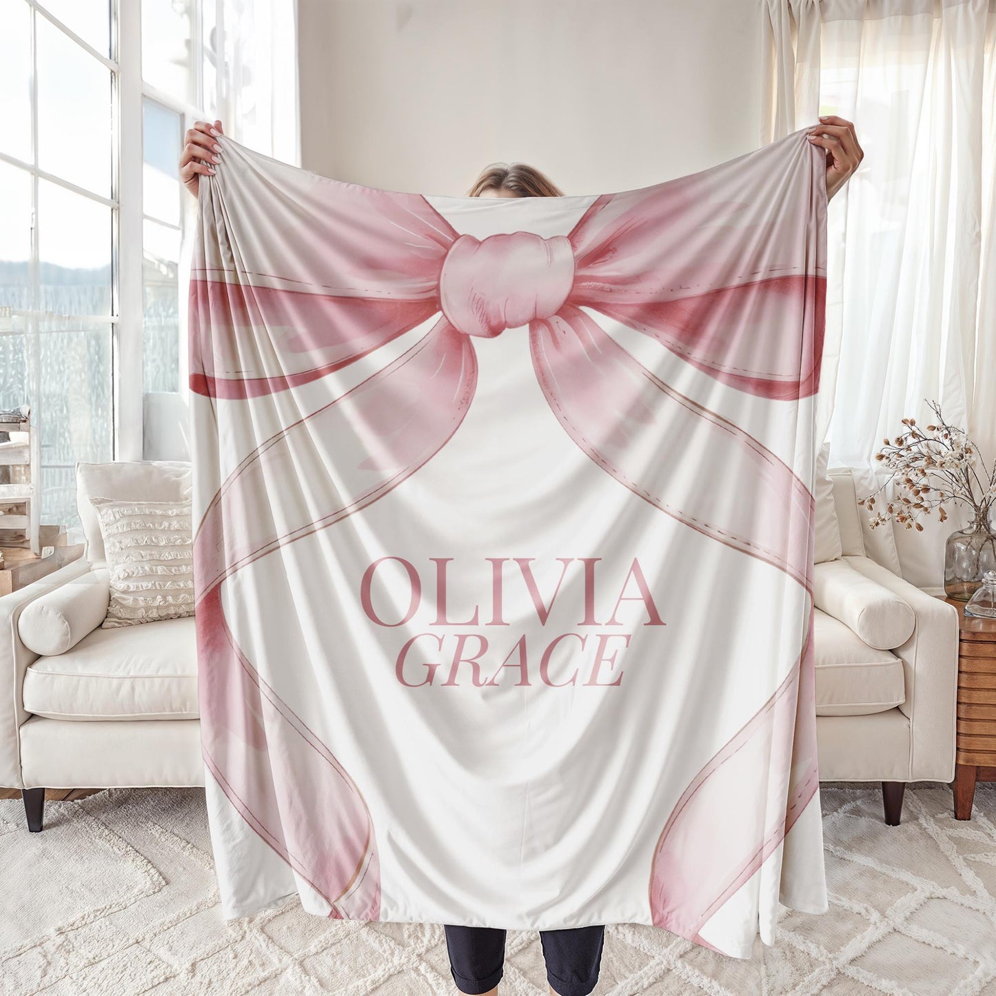 Pink Bow Personalized Blanket Baby Girl Coquette Blanket Gingham Baby Blanket Custom Baby Gift Girl Baby Shower Gift New Baby Girl Gift