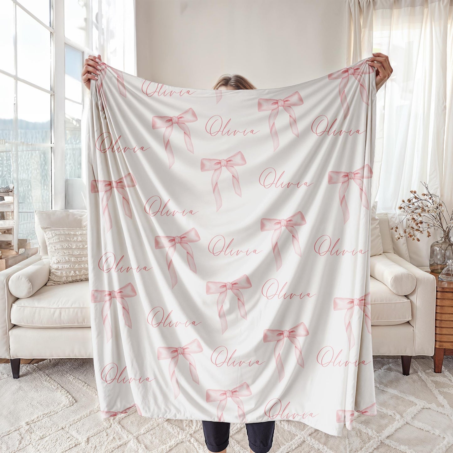 Pink Bow Personalized Blanket Baby Girl Coquette Blanket Gingham Baby Blanket Custom Baby Gift Girl Baby Shower Gift New Baby Girl Gift