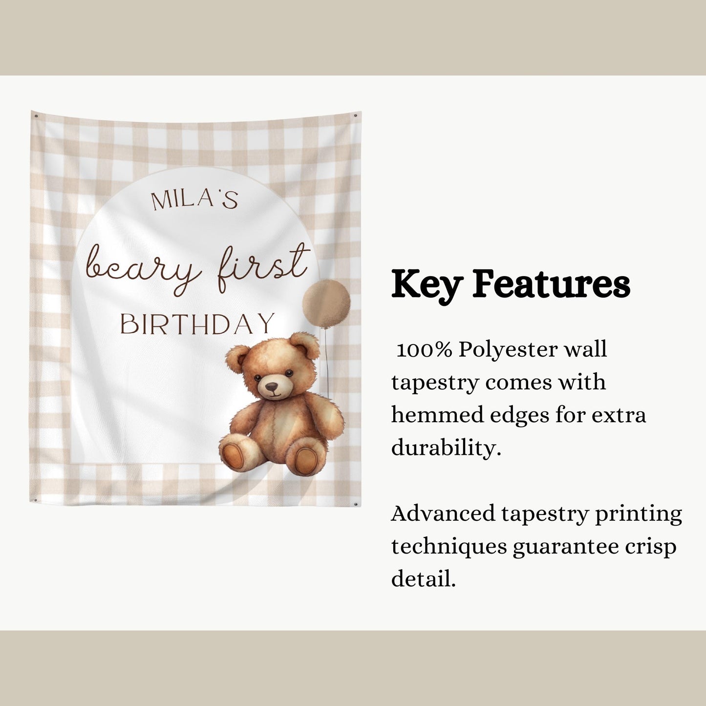 Beary First Birthday Banner, Unique Teddy Bear Decorations, Custom Name Party Decor for 1st Birthday Celebration