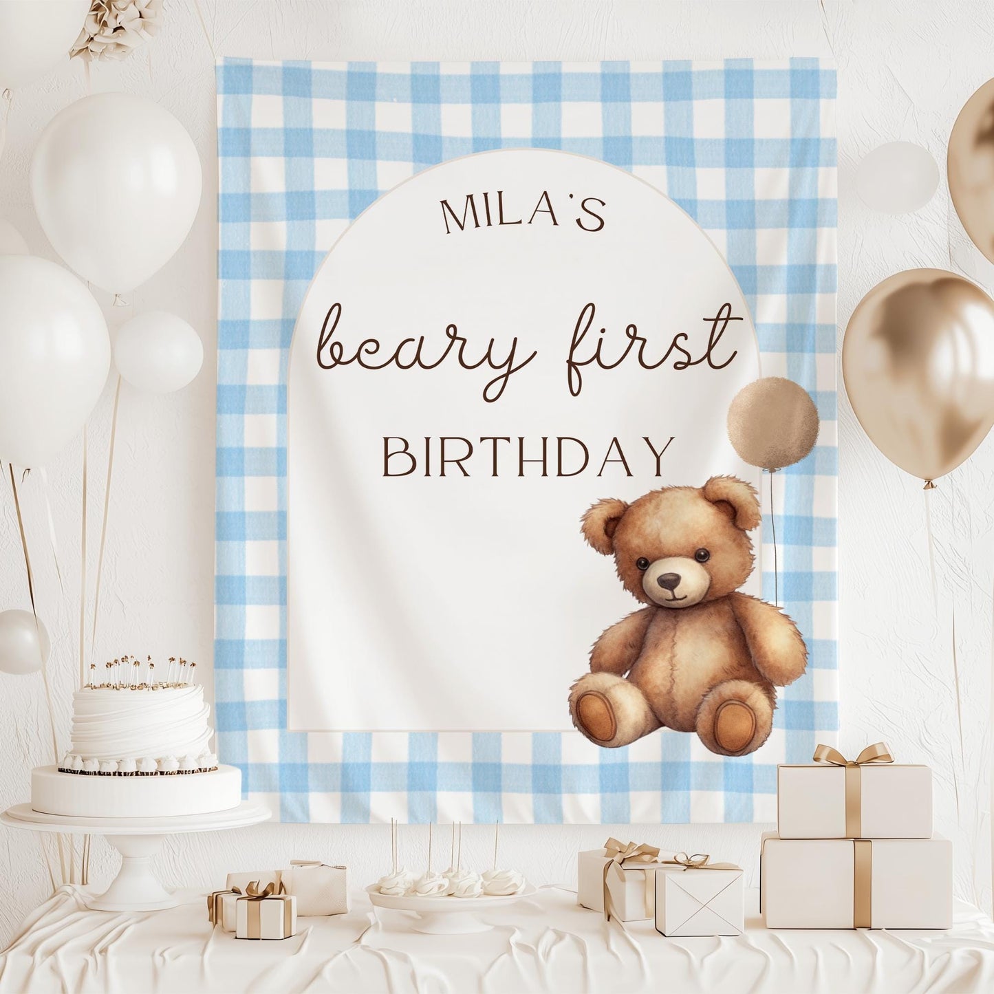 Beary First Birthday Banner, Adorable Teddy Bear Decorations, Woodland Theme Party Decor for 1st Birthday