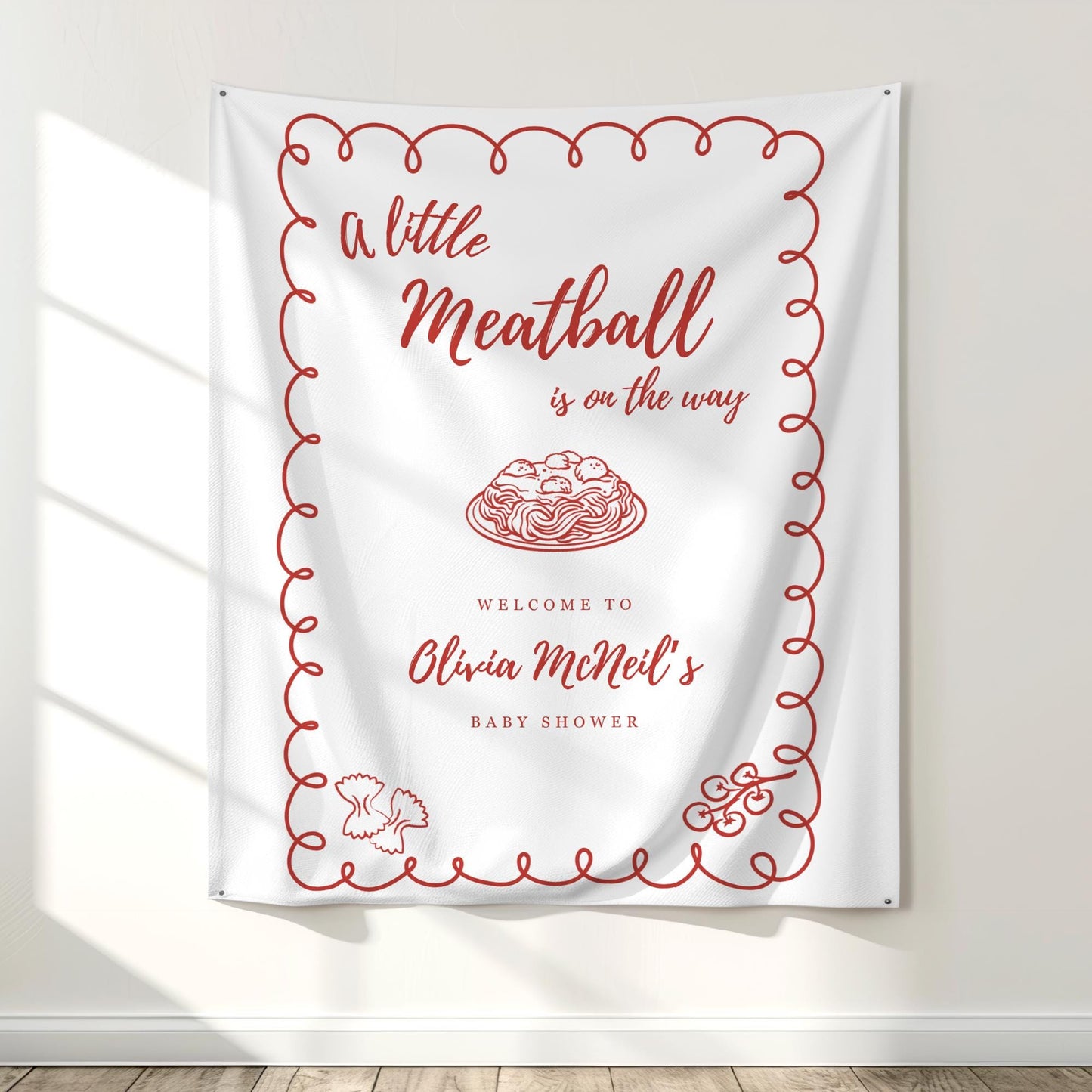 A Little Meatball is on the way Baby Shower Backdrop Italian Baby Shower Welcome Sign Pasta Theme Banner Personalized Decor Spaghetti Party