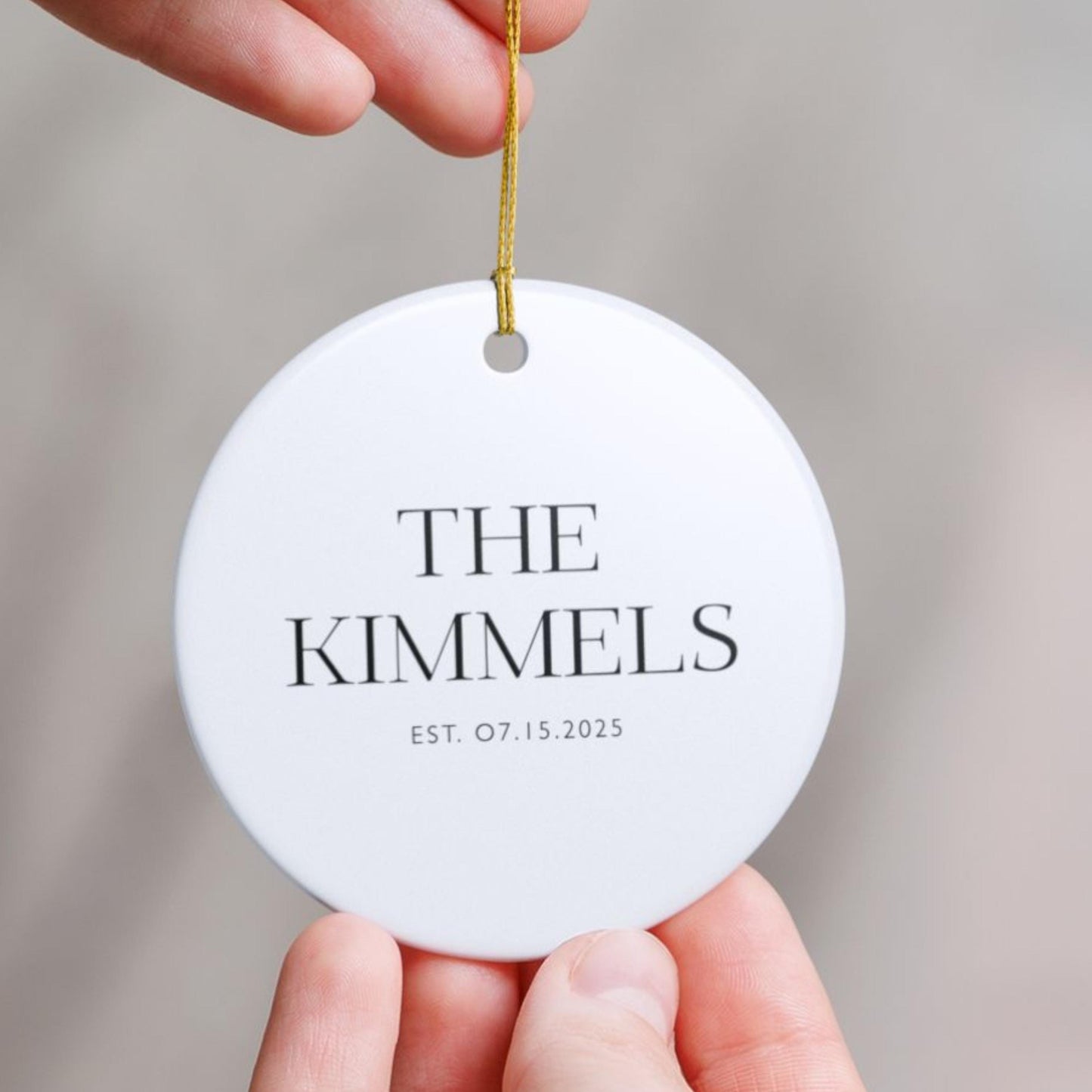 Modern Wedding Gift Personalized Ceramic Ornament Custom Family Name Establishment Date First Christmas Together White Round Design Gold String Detail Holiday Keepsake Collection Beautiful Marriage Display Special Celebration Memory Gift