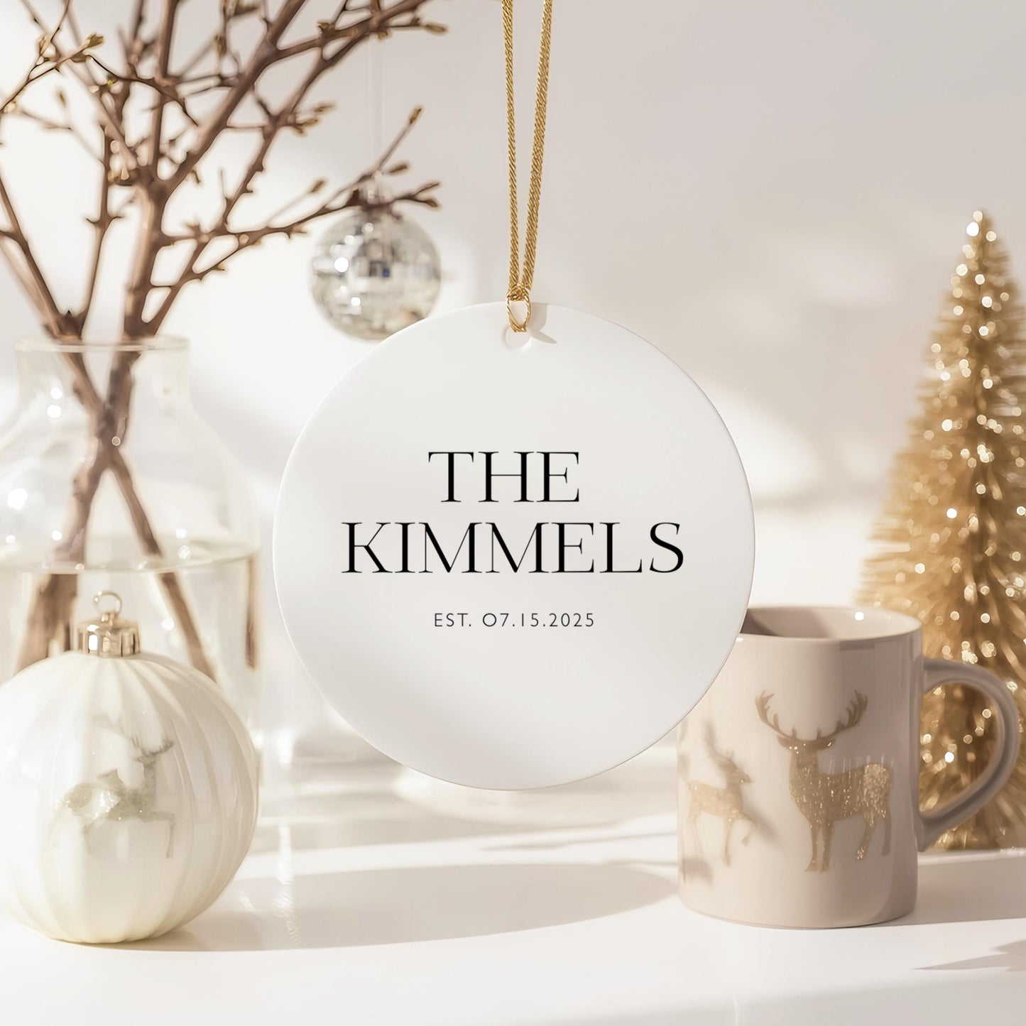 Wedding Keepsake Ornament Personalized Family Gift Custom Name Design White Ceramic Round First Christmas Together Modern Style Gold String Accent Holiday Display Collection Special Celebration Memory Beautiful Marriage Tradition Gift