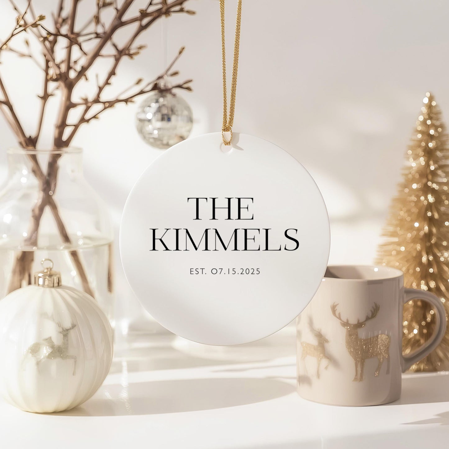 Wedding Keepsake Ornament Personalized Family Gift Custom Name Design White Ceramic Round First Christmas Together Modern Style Gold String Accent Holiday Display Collection Special Celebration Memory Beautiful Marriage Tradition Gift
