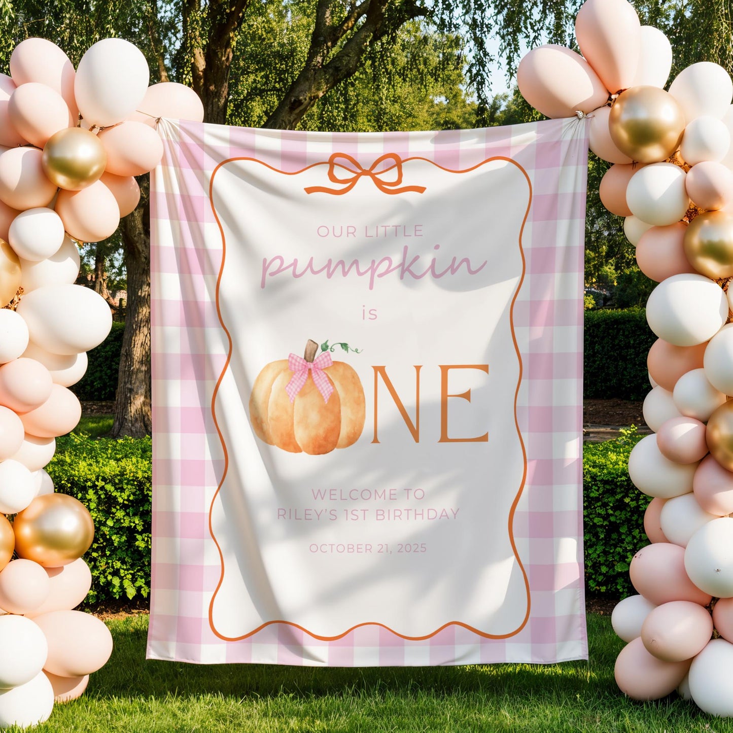 Our Little Pumpkin is One Banner, Pink Gingham, Cute Birthday Party Supplies