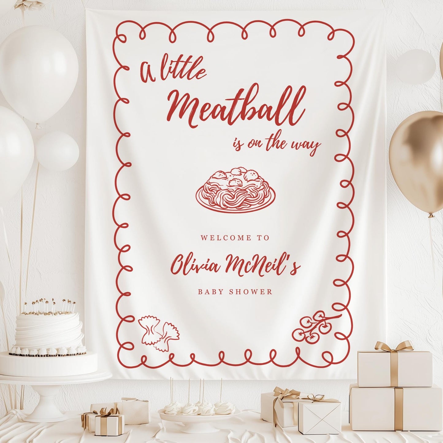 A Little Meatball is on the way Baby Shower Backdrop Italian Baby Shower Welcome Sign Pasta Theme Banner Personalized Decor Spaghetti Party