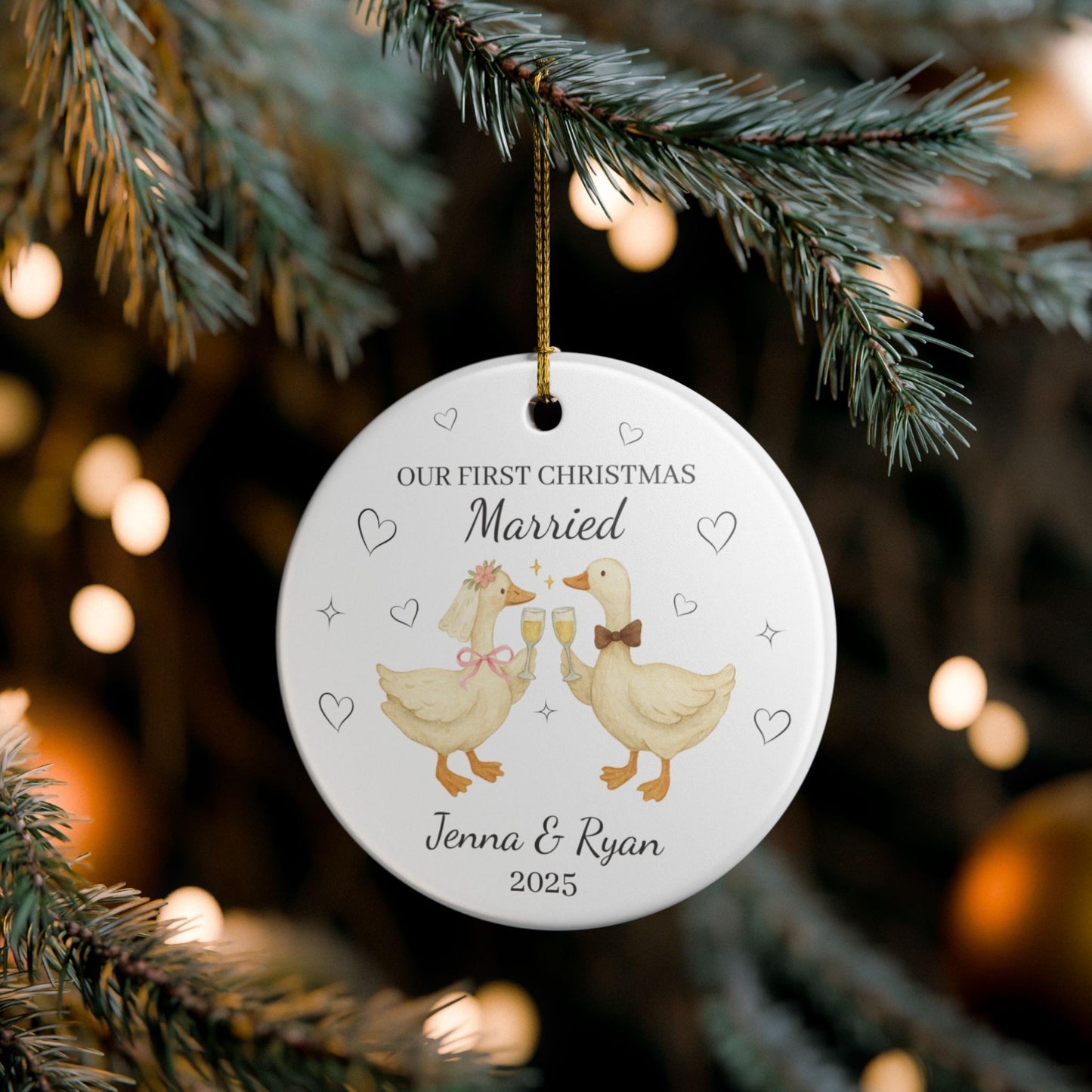 Funny Goose First Christmas Married Ornament Newlywed Couple Ceramic Tree Ornament, Cute Wedding Gift Idea