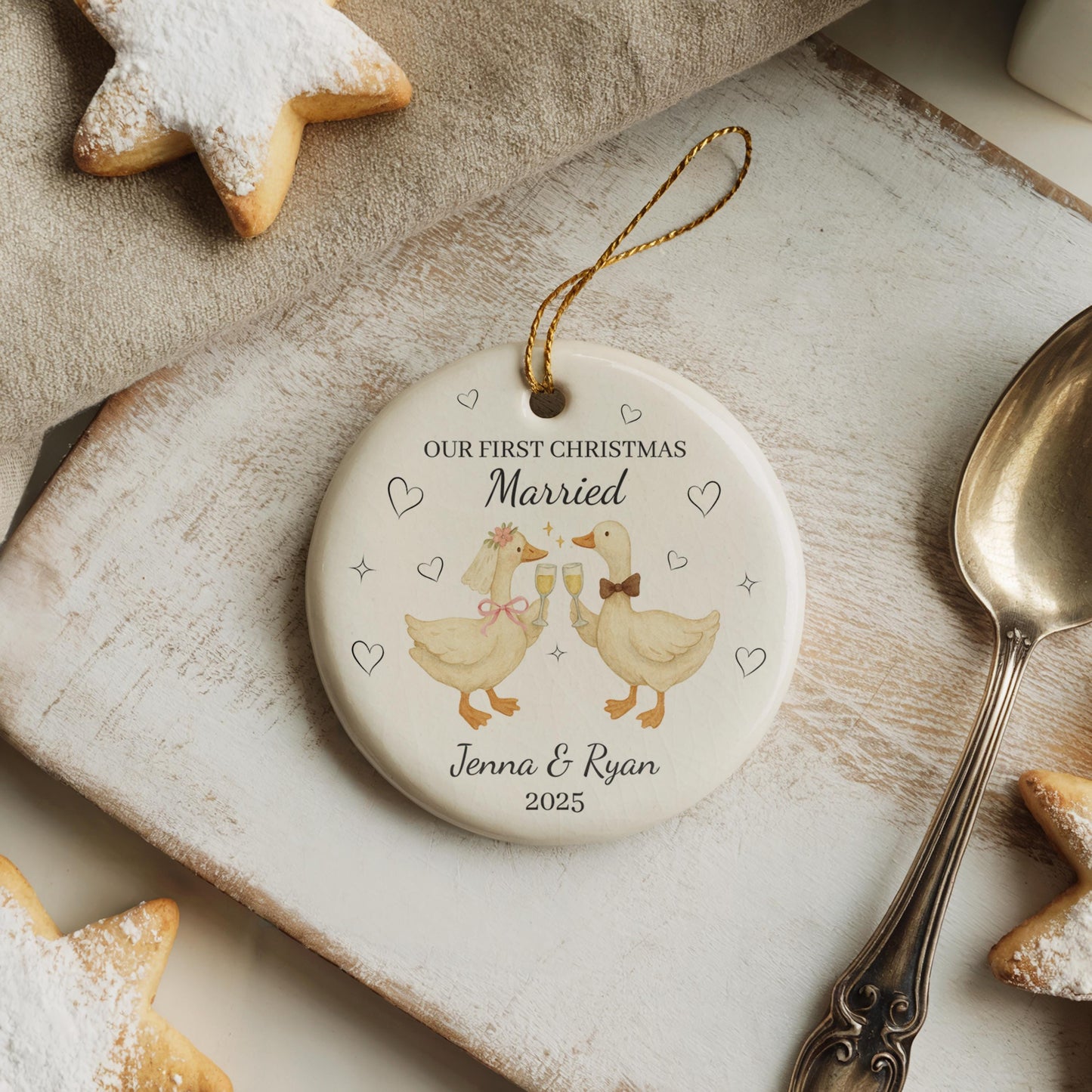 Personalized Newlywed Goose Ornament First Christmas Married 2025 Ceramic Ornament, Cute Wedding Couple Gift
