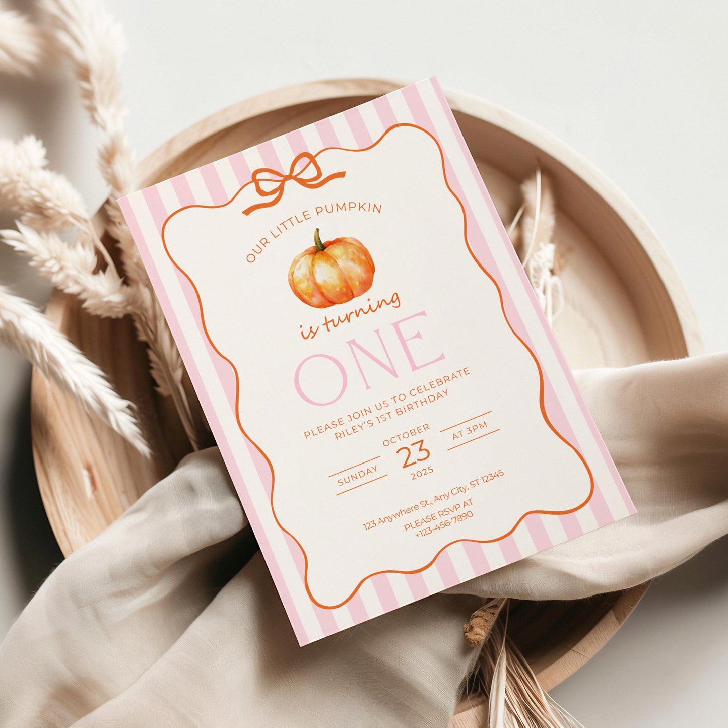 Our little pumpkin is turning one invitation, Fun Editable Birthday Invite, Pink Pumpkin Fall Party Template