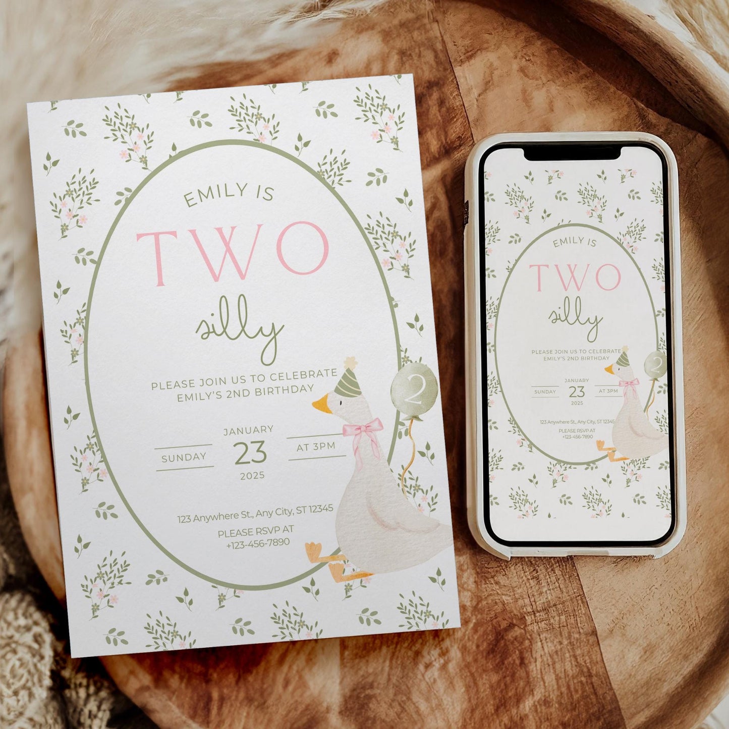 Two Silly Goose Birthday Invitation Template Editable Girl 2nd Birthday Pink Printable Invite Goose Second Birthday
