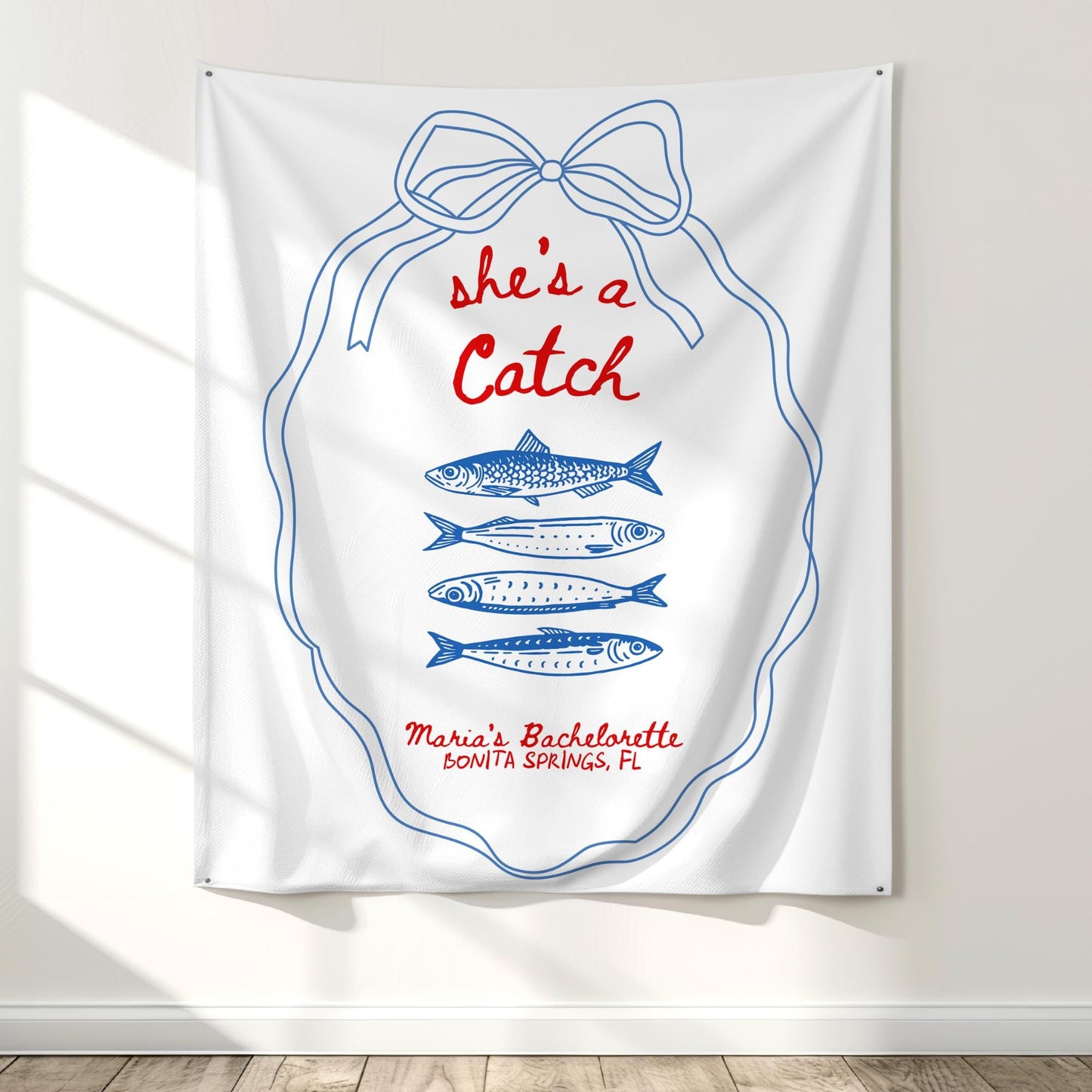 She's a Catch Bachelorette Banner Custom Fishing Theme Bachelorette Decor East Coast Bridal Shower Photo Backdrop Coastal Bachelorette Sign
