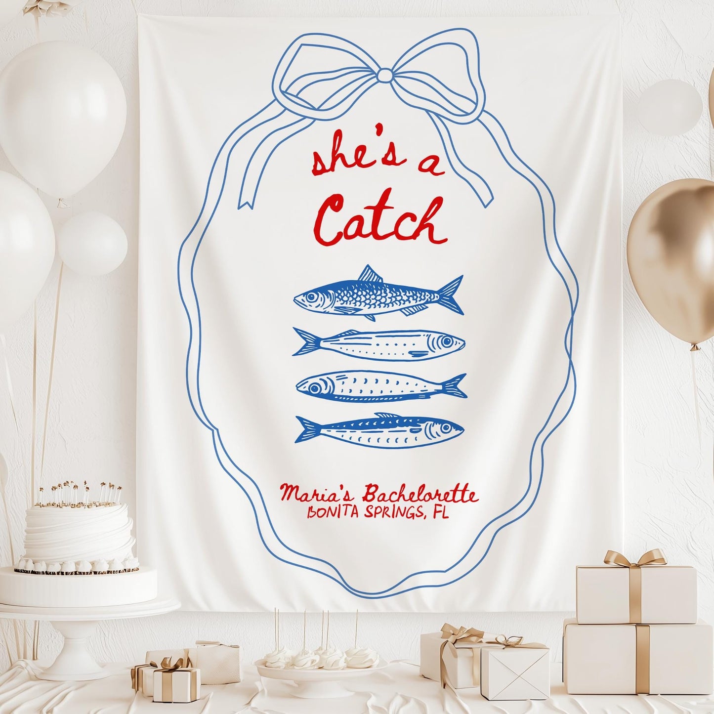 She's a Catch Bachelorette Banner Custom Fishing Theme Bachelorette Decor East Coast Bridal Shower Photo Backdrop Coastal Bachelorette Sign