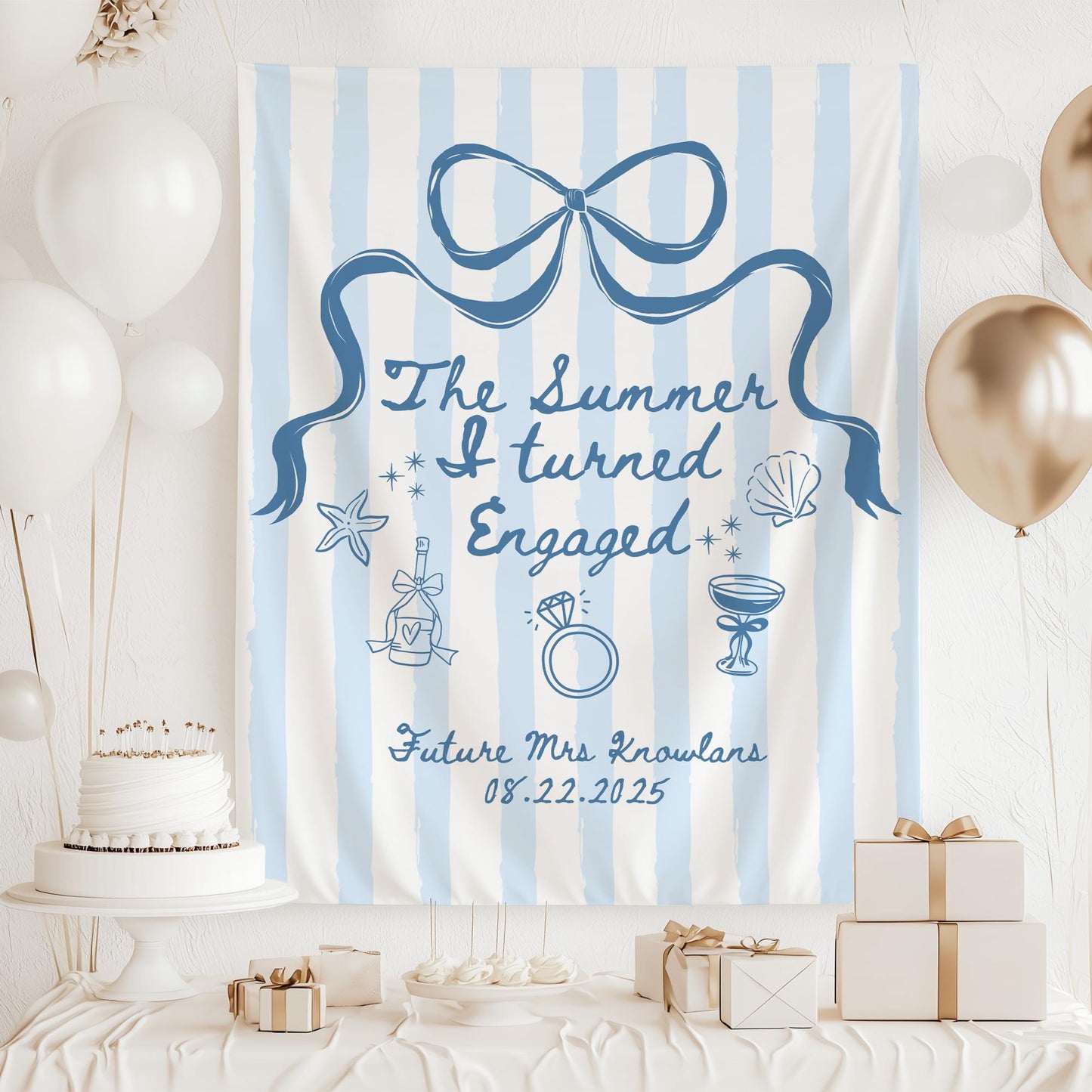 The Summer I Turned Engaged Banner Personalized Coastal Beach Bachelorette Party Decor Engagement Bridal Shower Photo Backdrop