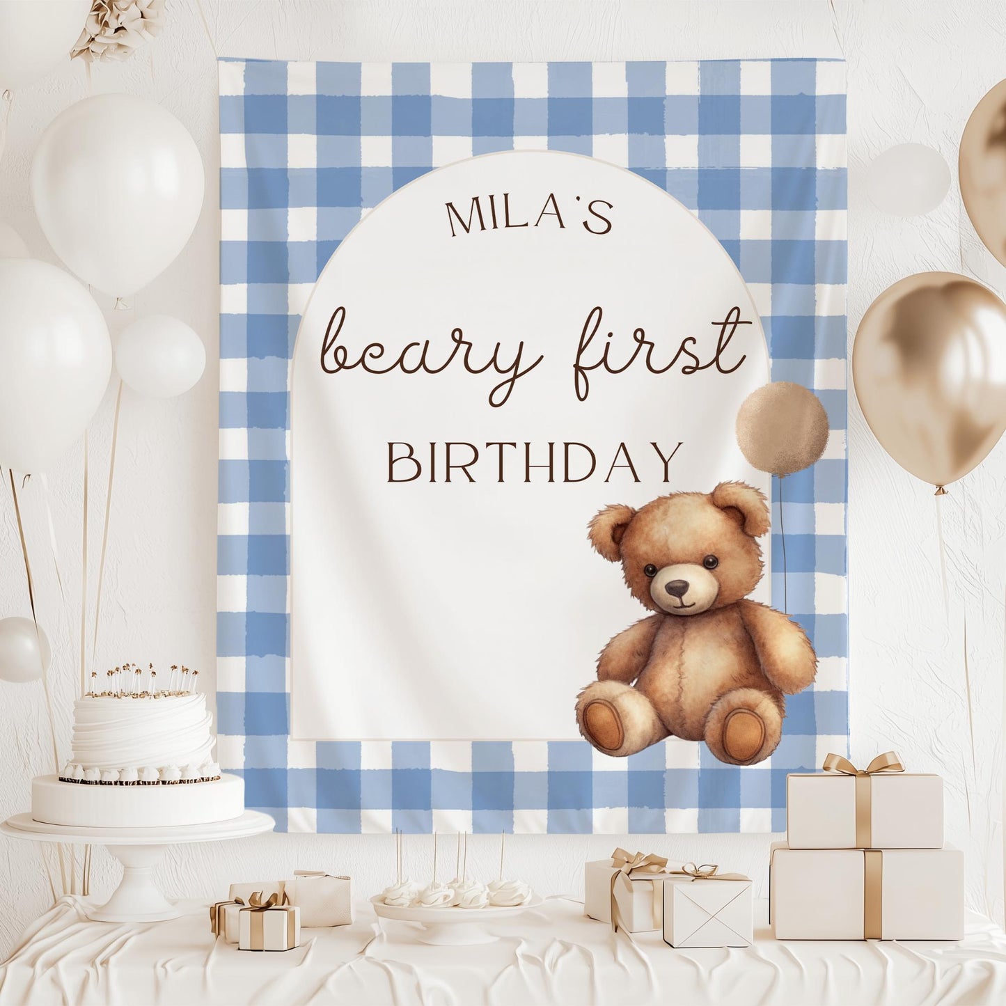 Beary First Birthday Banner, Cute Teddy Bear Party Decor, Custom Name Sign for 1st Birthday Celebrations