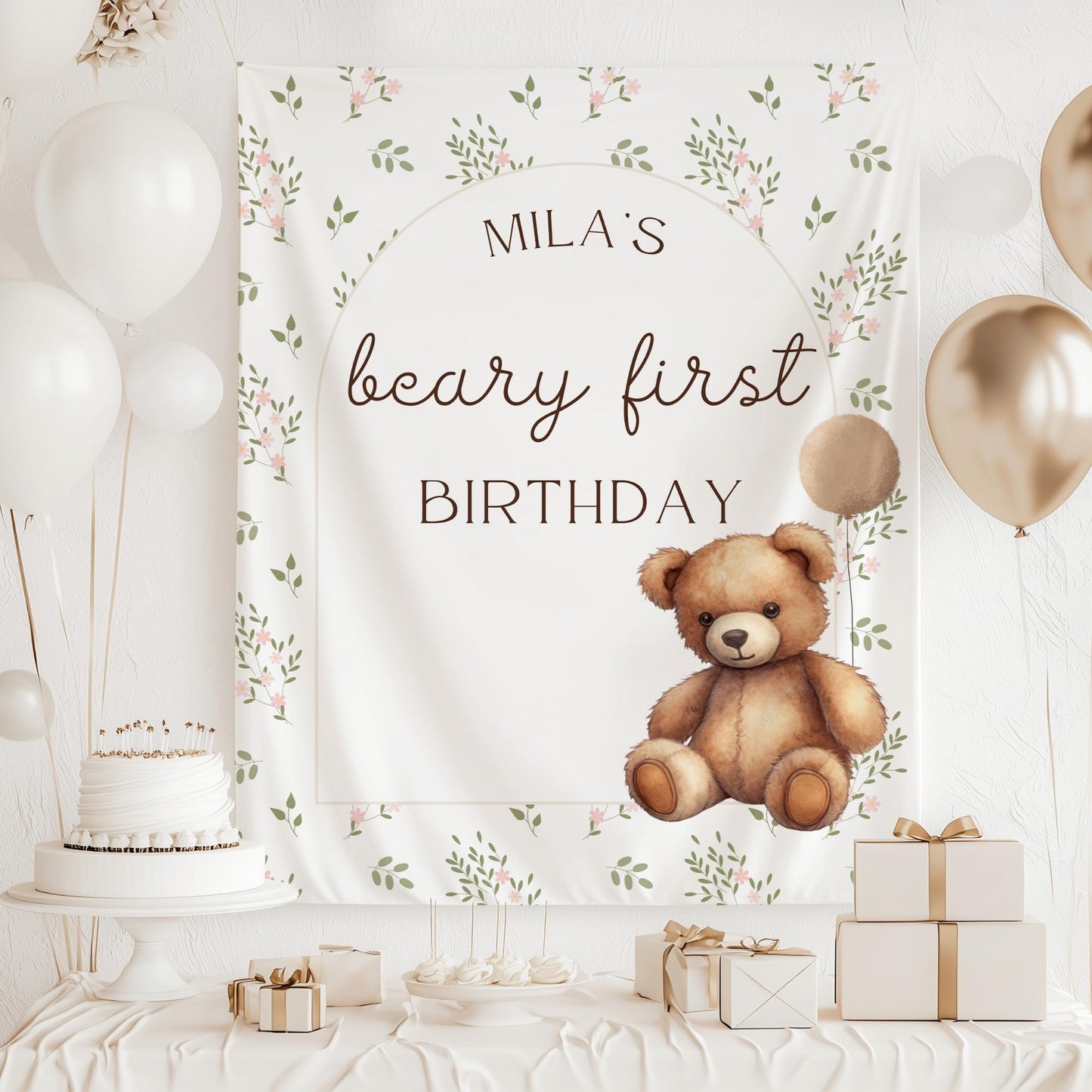 Beary First Birthday Banner, Personalized Teddy Bear Party Decor, Cute Woodland Animal Decorations for 1st Birthday