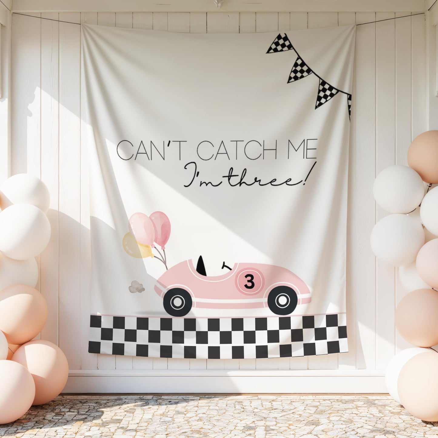 Racecar 3rd Birthday Personalized Banner Girl Can't catch me I'm Three Party Decor Photo Backdrop Racing Custom Banner Race Track