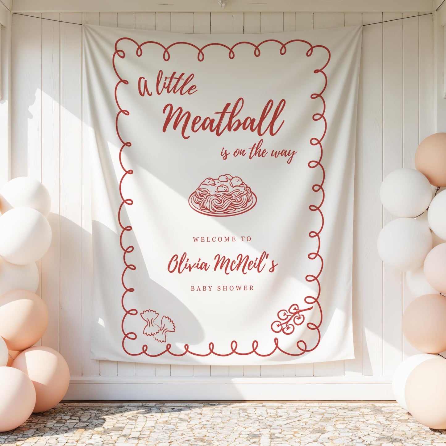 A Little Meatball is on the way Baby Shower Backdrop Italian Baby Shower Welcome Sign Pasta Theme Banner Personalized Decor Spaghetti Party